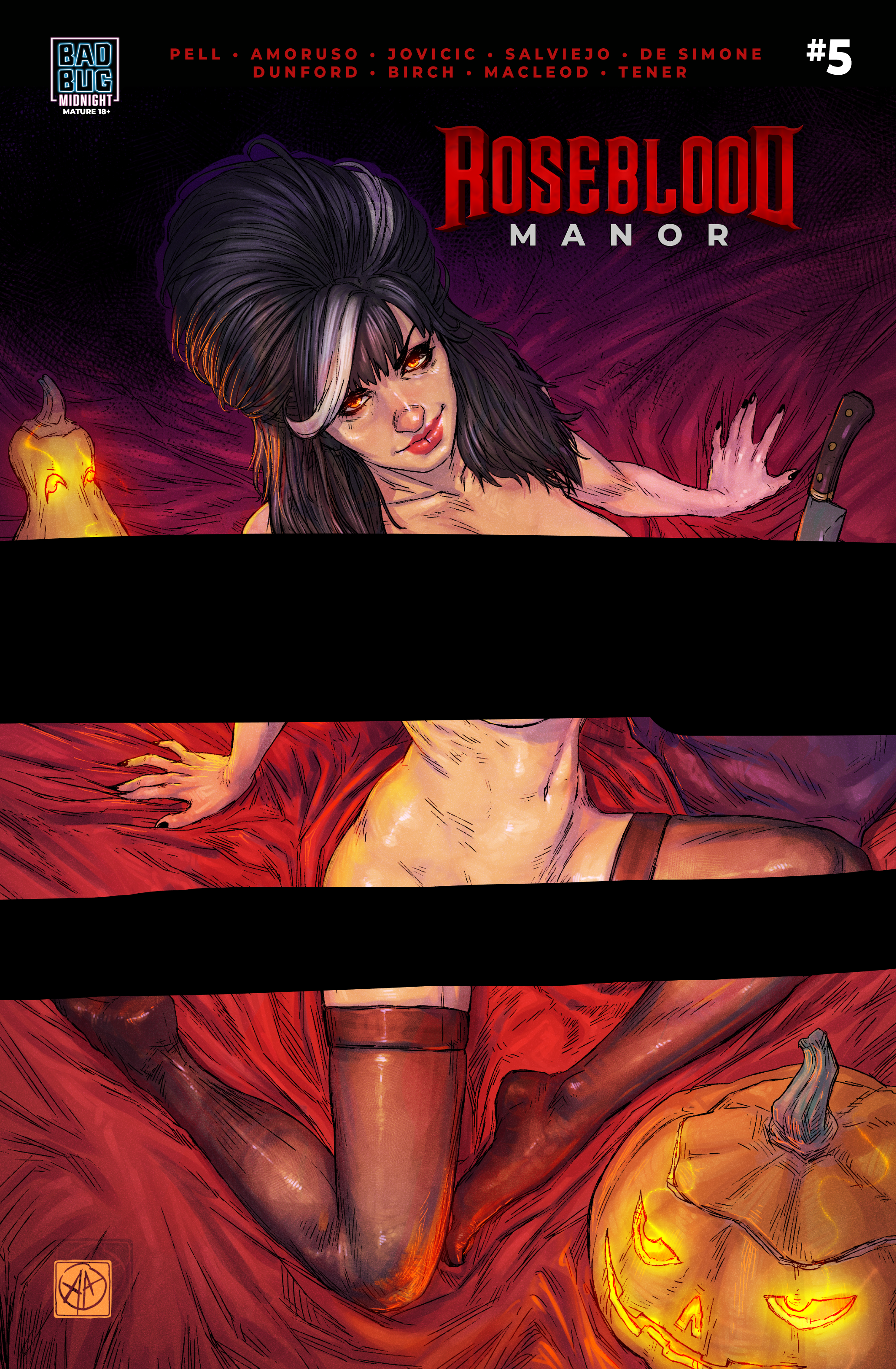 Comic book cover of 'Roseblood Manor' with a woman on a red blanket surrounded by pumpkins.