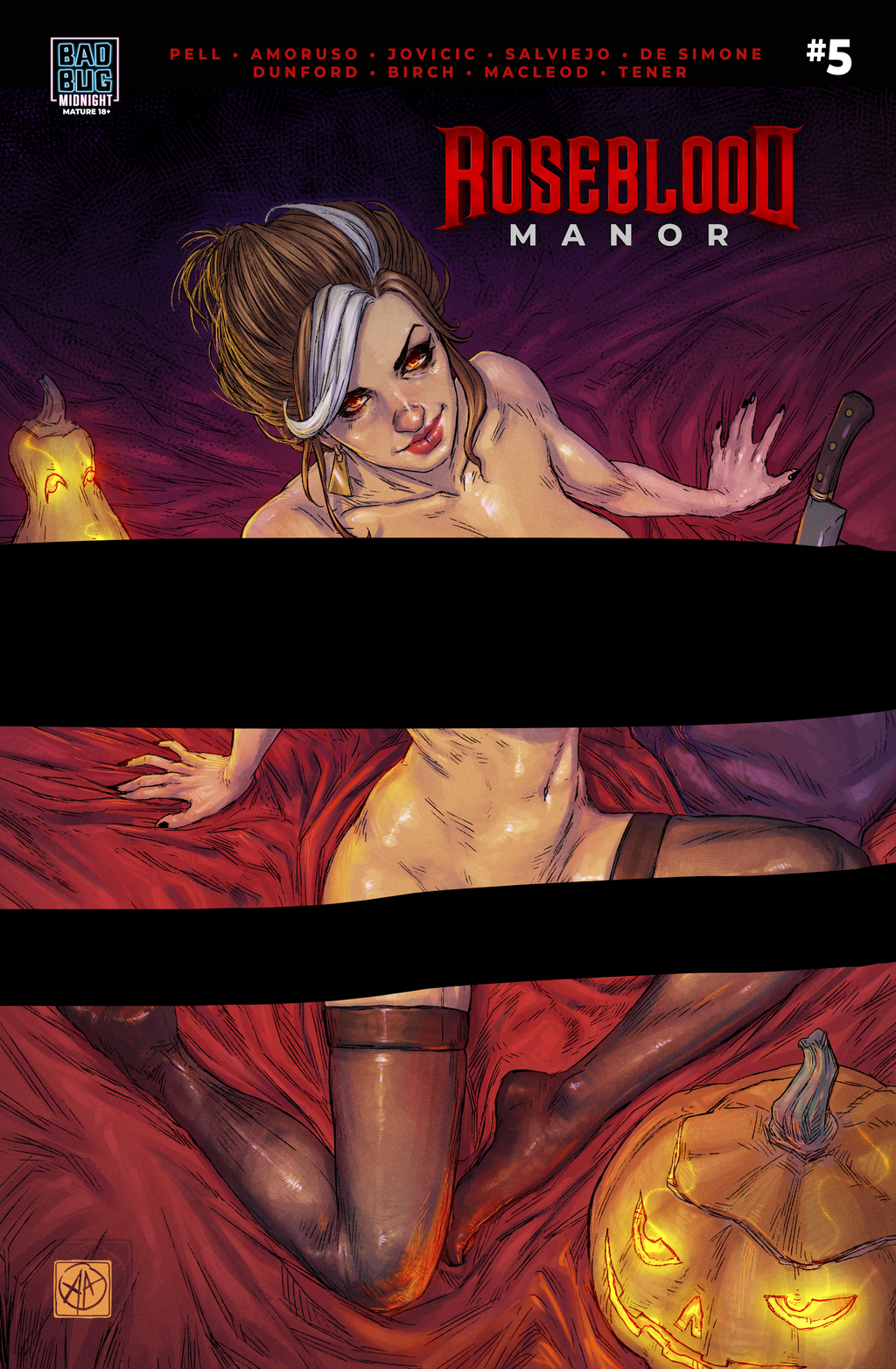 Comic book cover of 'Roseblood Manor' featuring a nude woman on a red blanket with pumpkins.